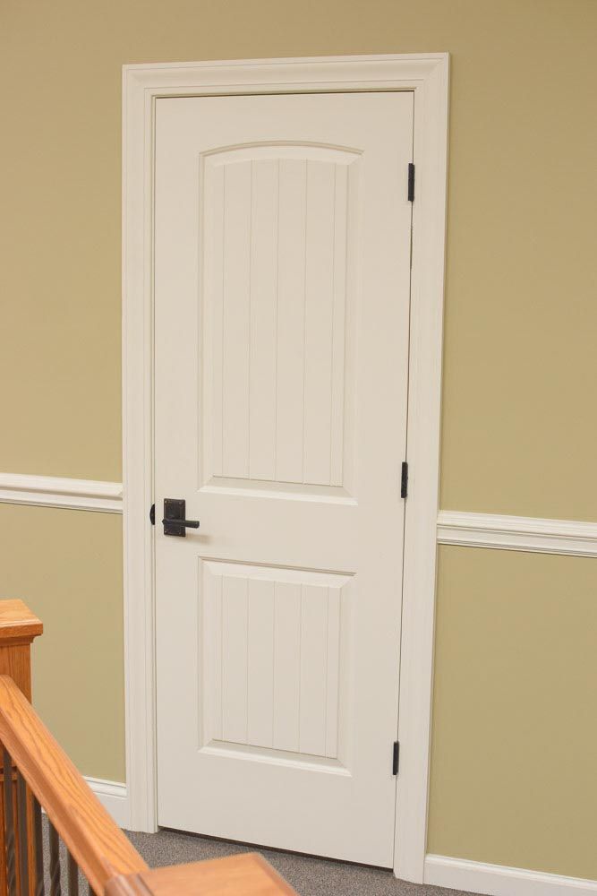 White interior door with black hardware, set in a beige wall with white trim.