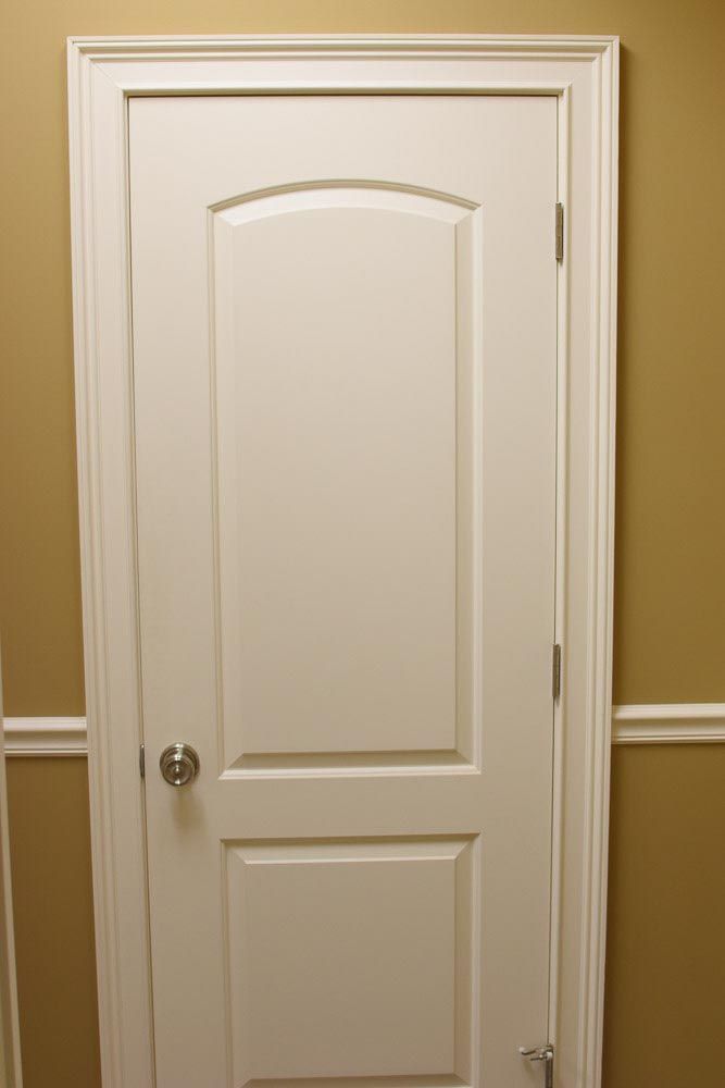 White paneled door in a tan hallway, with a silver doorknob and molding.
