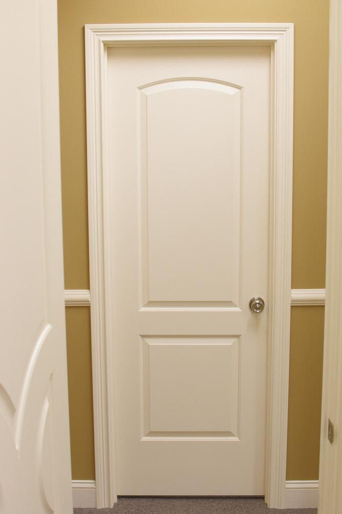 White two-panel door in a hallway, tan walls, silver doorknob, and light-colored trim.