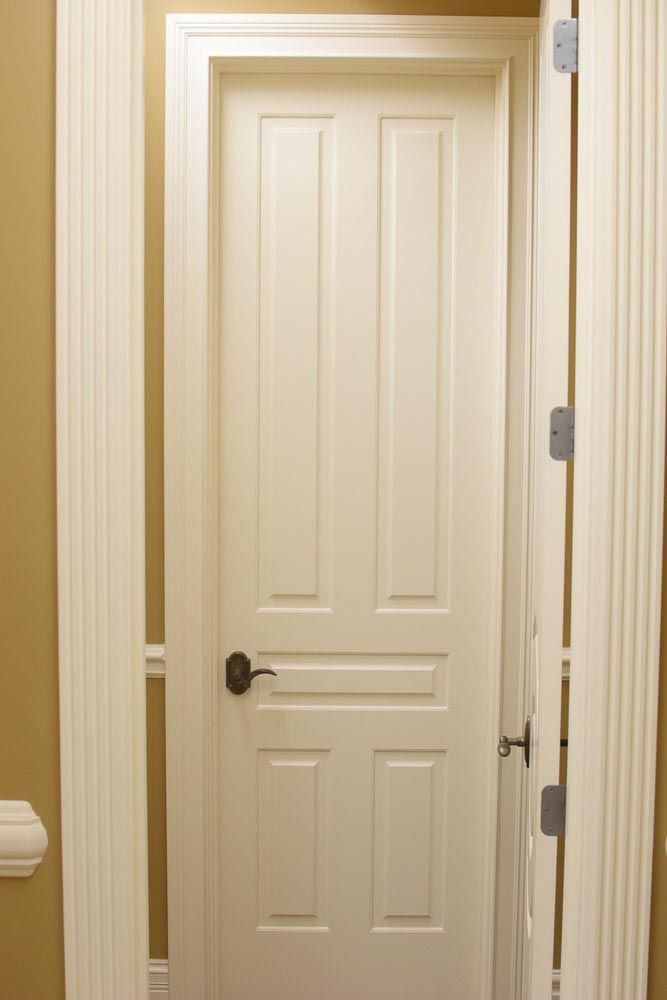 Closed white paneled door with black hardware, partially open, with white trim and beige walls.