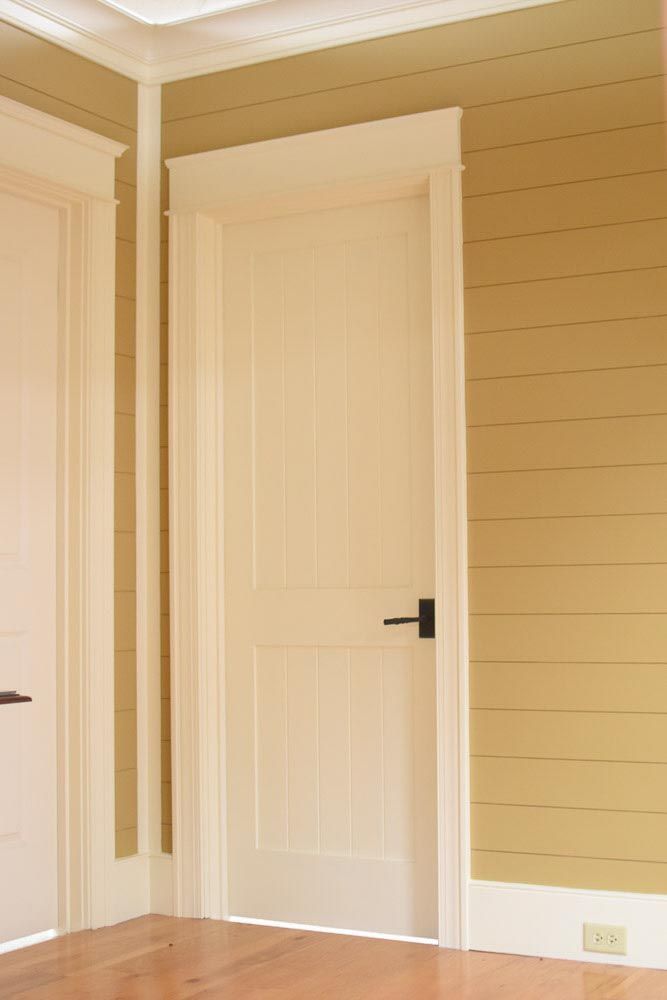White paneled door with black handle in a room with light yellow walls and white trim.