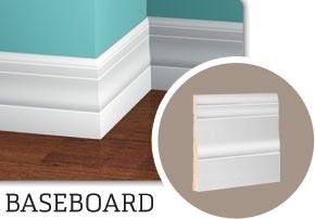 White baseboard molding at a corner of a teal wall and wood floor, with a circular inset of a cross-section.
