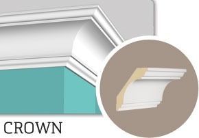 White crown molding on a teal wall, with a close-up cross-section of the molding.