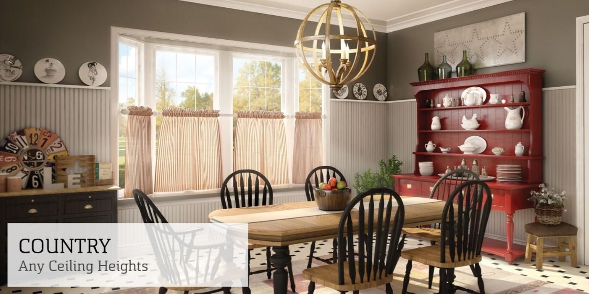 Country-style dining room with a table, chairs, hutch, window with curtains, and a chandelier.