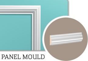 White panel moulding on teal wall with a circular detail of the moulding profile.
