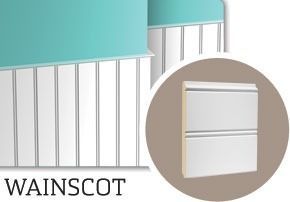 White wainscot wall panels with a light teal wall above, circular inset shows detail of paneling.