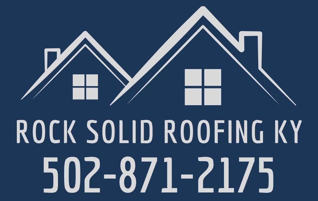 Rock Solid Roofing KY logo with roof outline and phone number 502-871-2175 on blue background