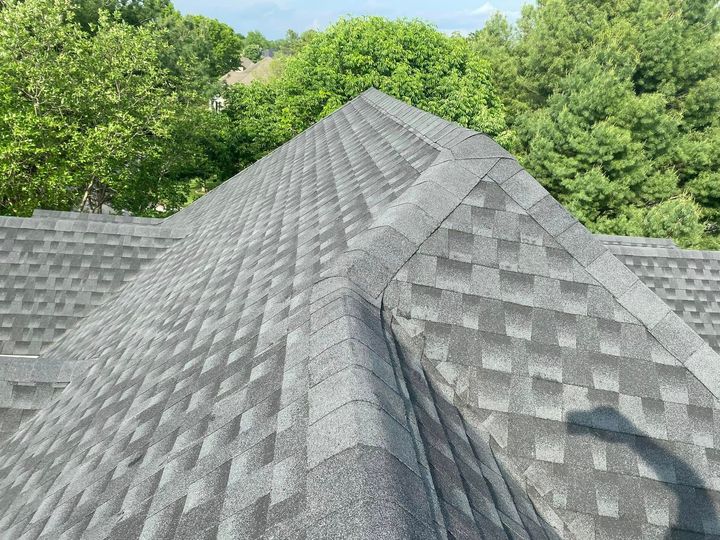 Gray shingled roof with a steep peak, surrounded by green trees