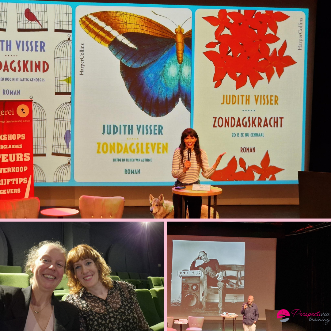 Een presentatie van auteur Judith Visser op een podium,
