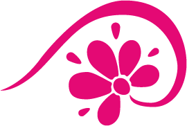Roze bloemenlogo met een gestileerde bloem en kronkelende wijnrank op een witte achtergrond.