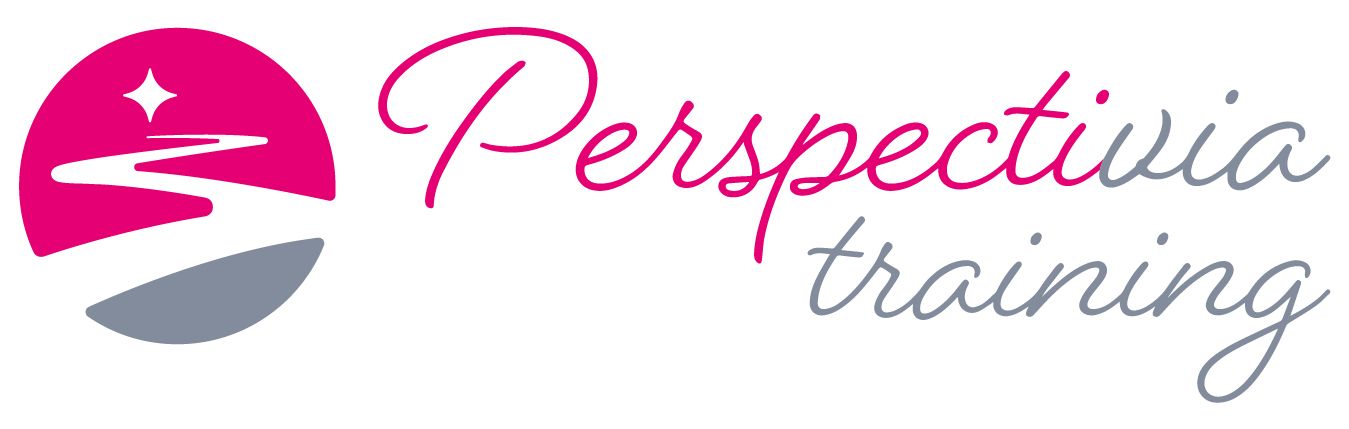 Het Perspectiva-trainingslogo met een gestileerd roze en grijs pictogram en cursieve tekst.