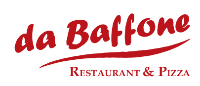 Logo del ristorante e pizzeria Da Baffone in scritta rossa su sfondo bianco.