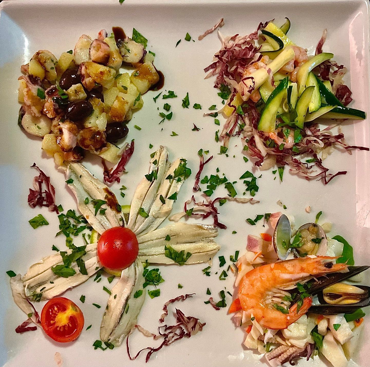 Assortimento di antipasti gourmet, disposti con cura su un piatto quadrato bianco e guarniti con erbe aromatiche e pomodorini.