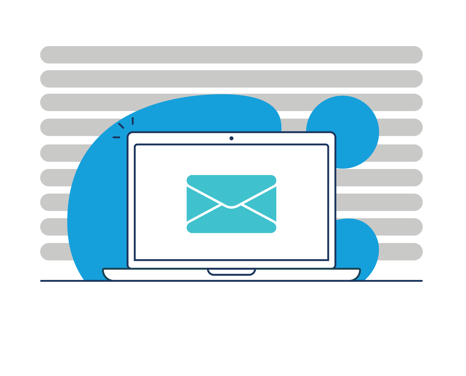 Laptop displaying an email icon, with blue shapes against a gray-striped background.