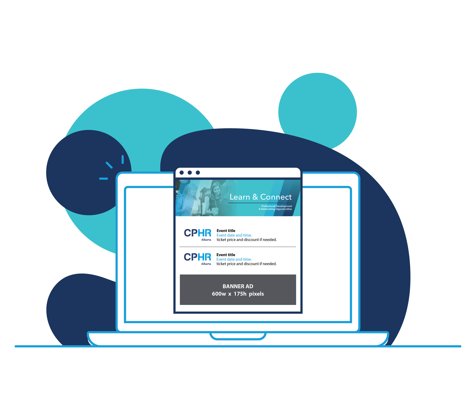 Laptop with a window displaying CPHR logo and text, surrounded by blue circles.
