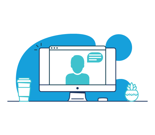 Computer screen displaying a person on a video call, blue accents, coffee cup, and plant.