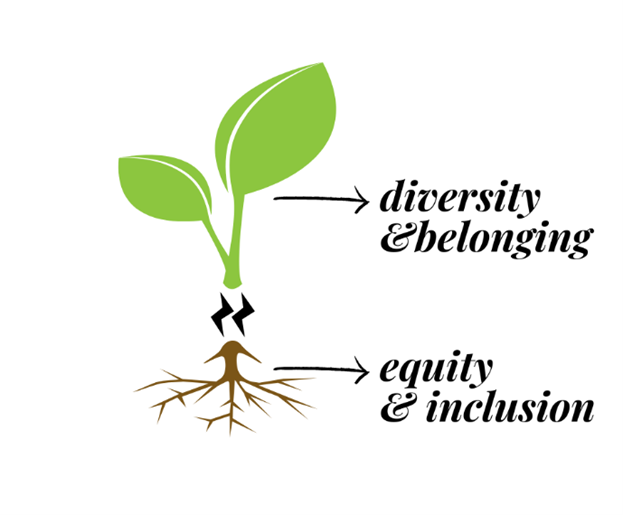 A plant with roots and leaves is shown with the words diversity belonging and equity and inclusion.