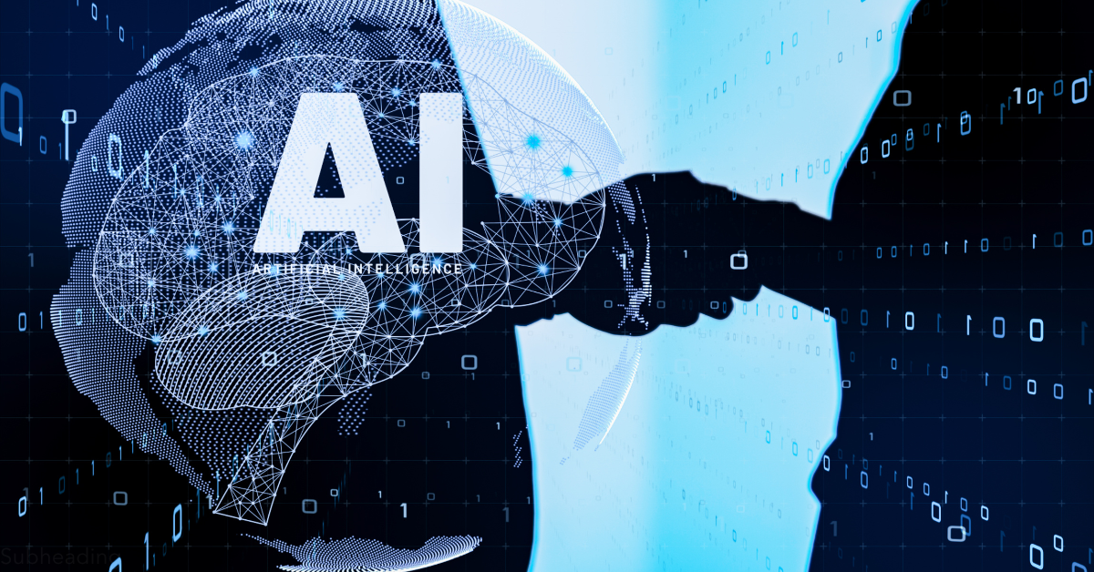 AI with brain overlay shaking hands with a person. Digital binary code backdrop.