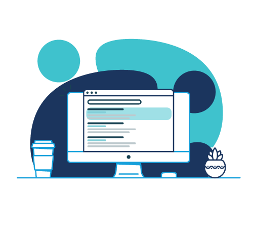 Computer monitor displaying a webpage, coffee cup, and a plant on a desk. Teal and navy blue abstract background.