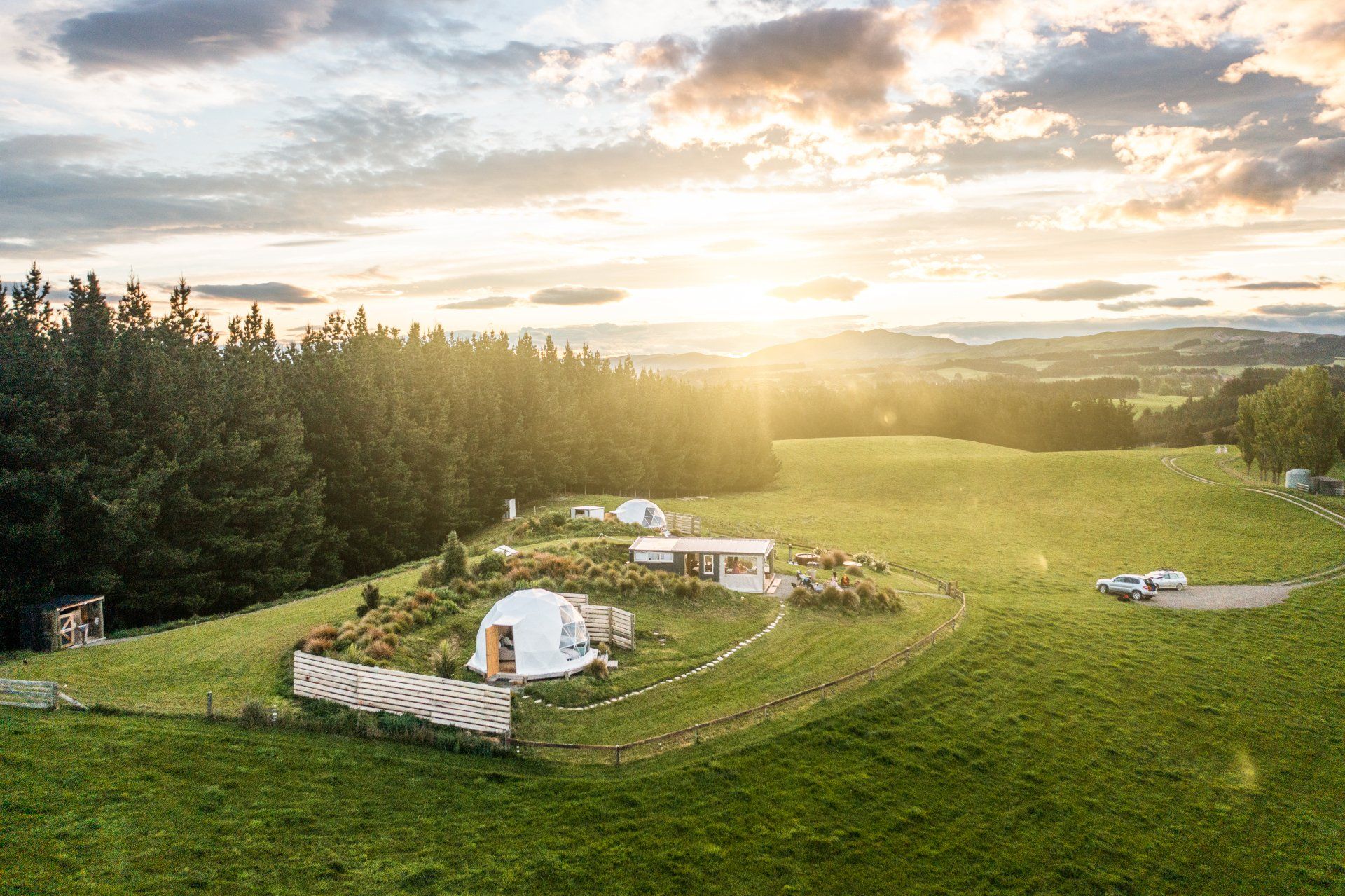 An aerial view of a grassy field with trees in the background