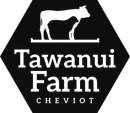 A black and white logo for tawanui farm cheviot with a cow on it.