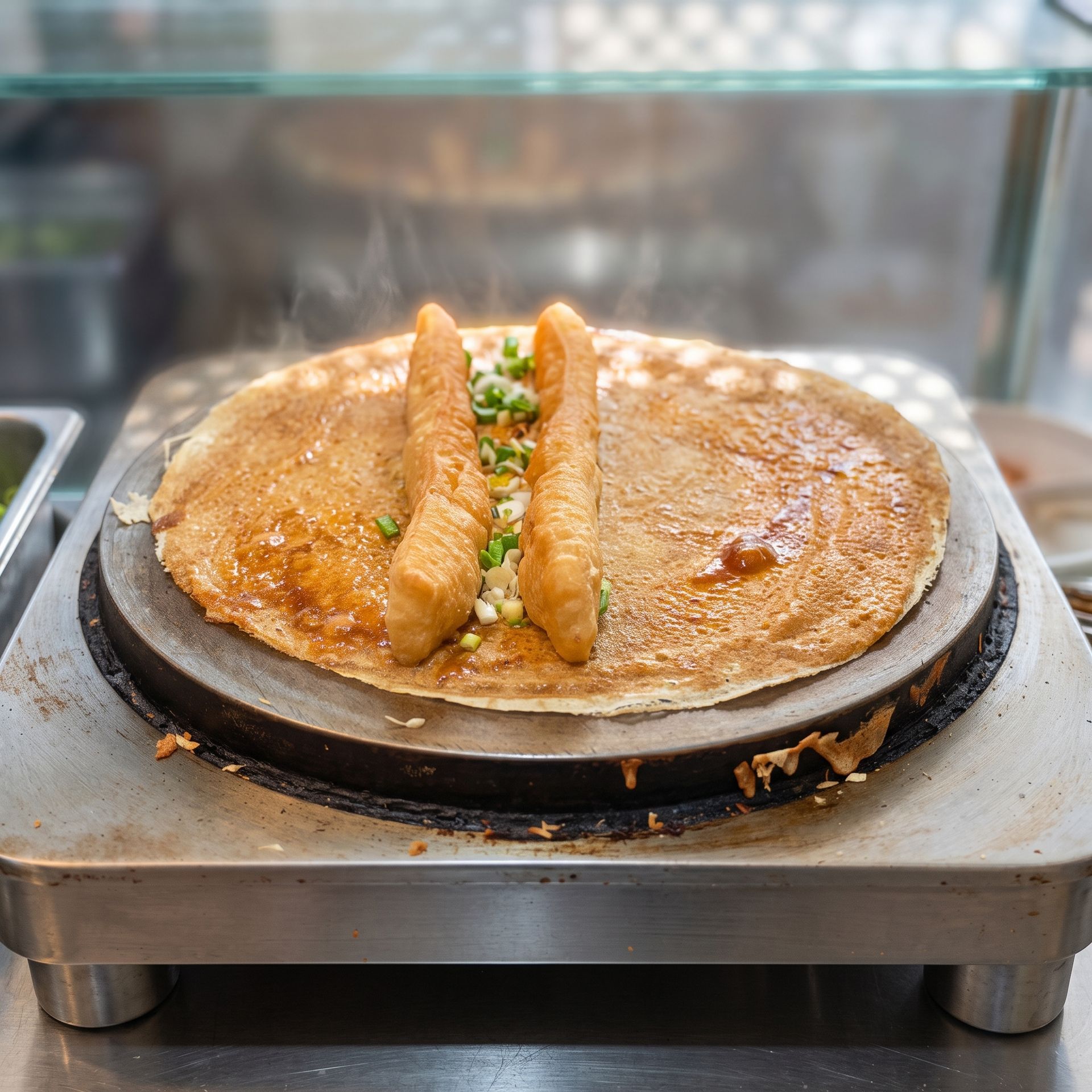 Two golden-brown stuffed crepes cooking on a hot griddle in a street food stall
