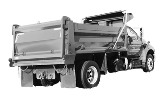 Dump truck, rear view, bed raised, preparing to unload.