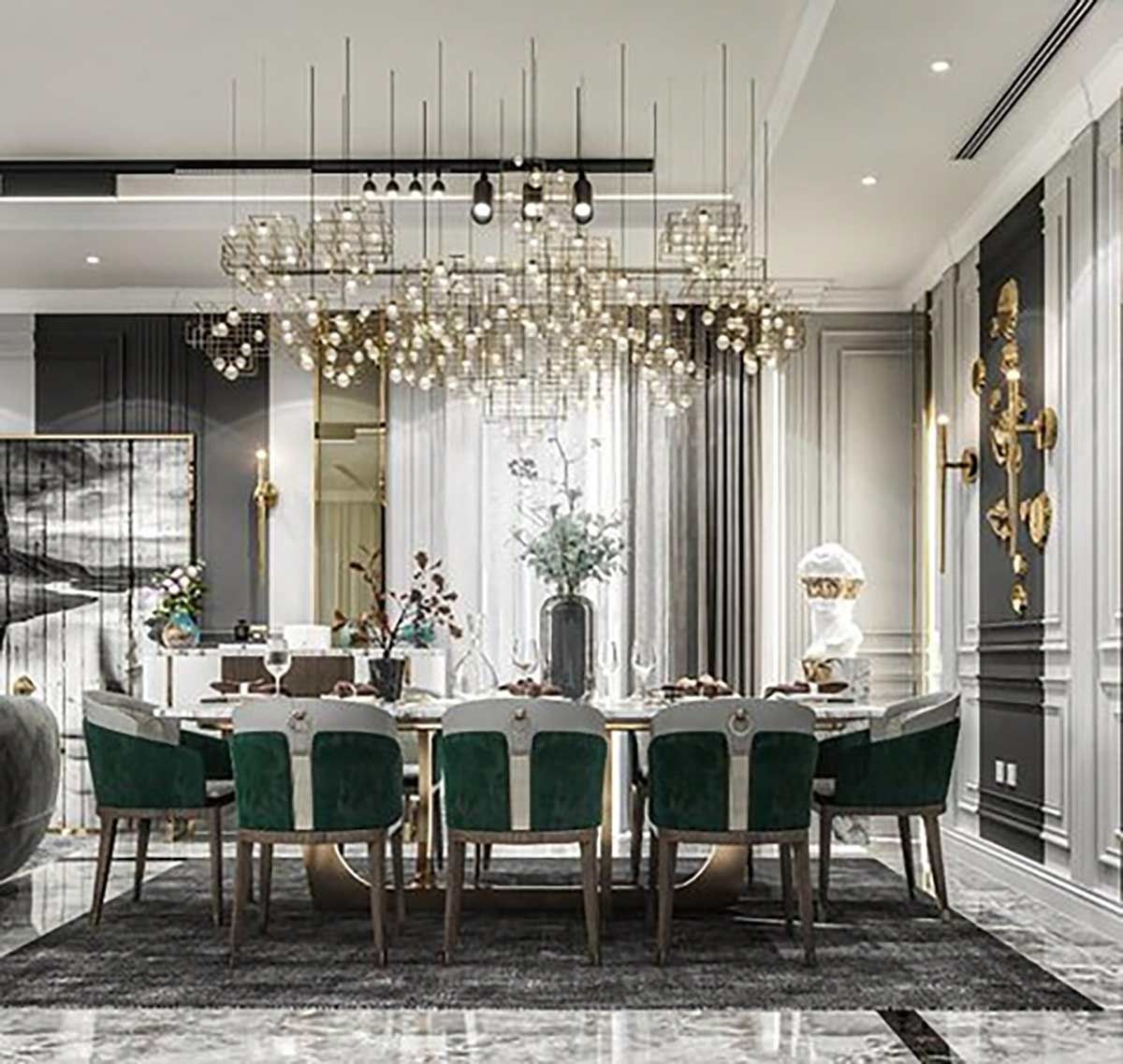 A dining room with a table and chairs and a chandelier hanging from the ceiling.