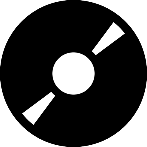 Black and white icon of a CD with a central circle and two diagonal wedges.