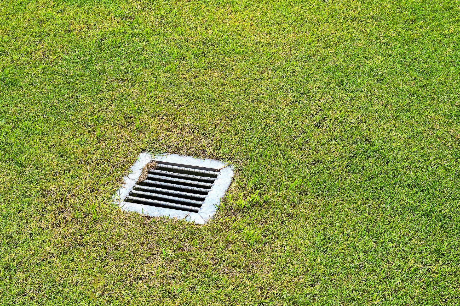 A drain hole in the middle of a lush green field.