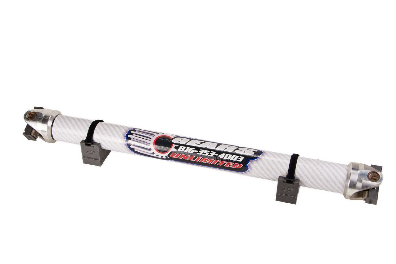 White carbon-fiber driveshaft with black straps and red/blue logo on a white background