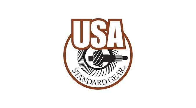 The usa standard gear logo is a brown and white logo with a gear in the middle.