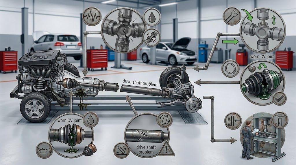Infographic of a vehicle driveshaft showing common problems and mechanical components in a repair ga