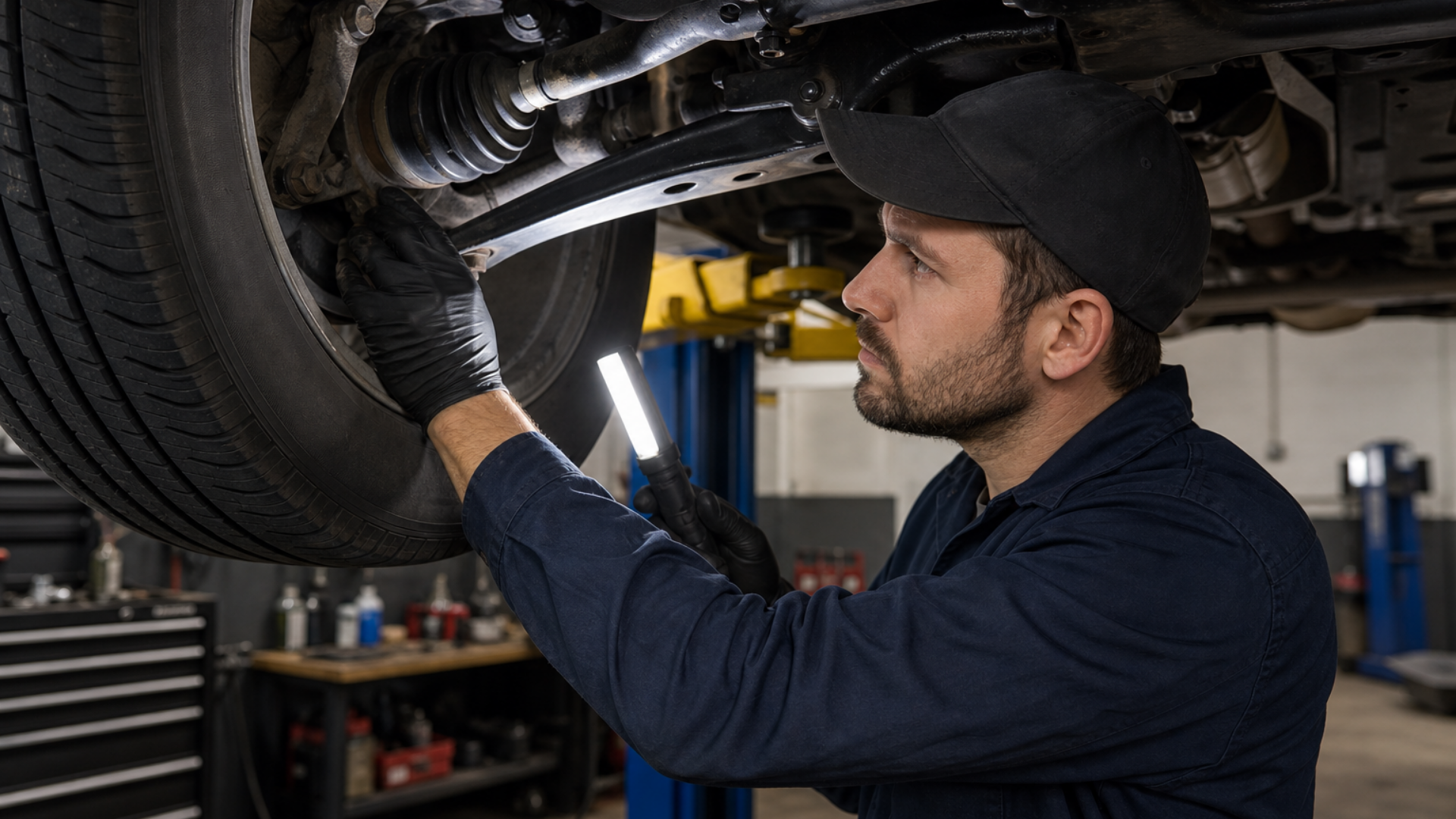 mechanic checking axle noise and axle wear symptoms