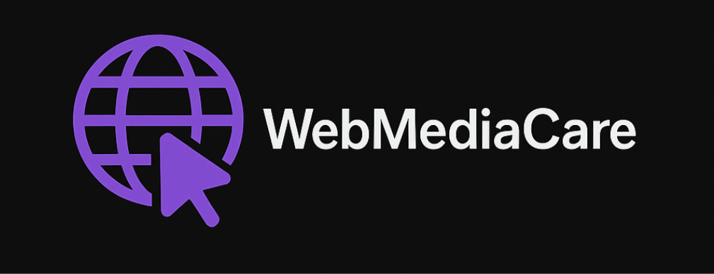 Paars logo met wereldbol en cursor, met de tekst "WebMediaCare" op een zwarte achtergrond.