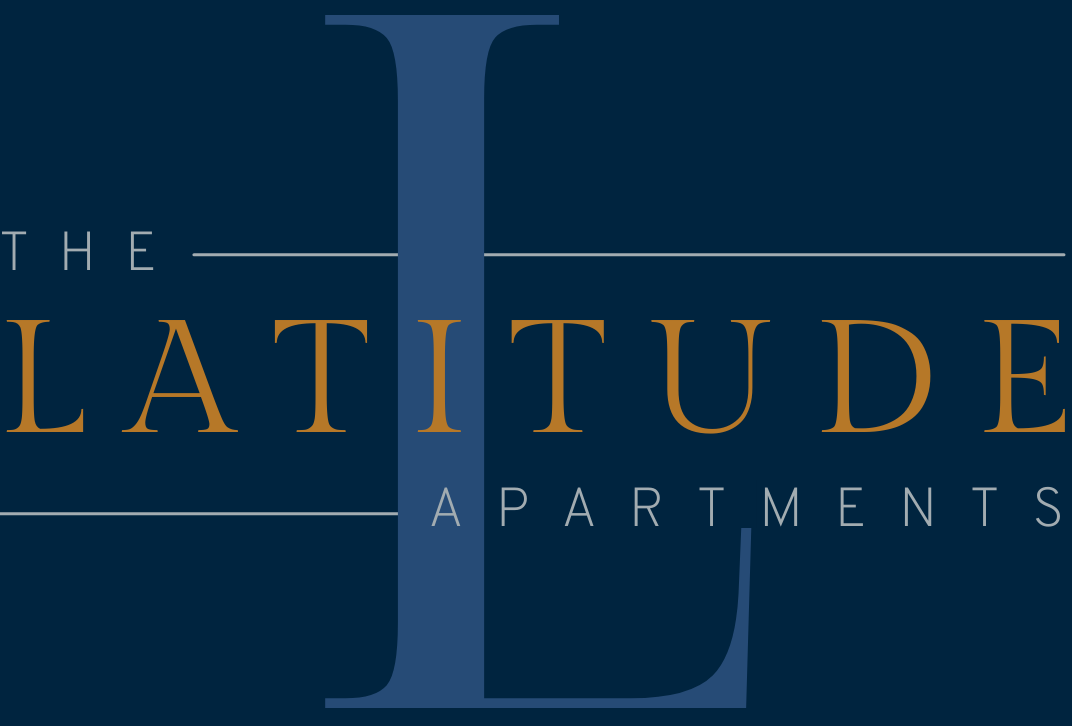 Logo for The Latitude Apartments: navy blue background, large blue "L", gold text.