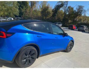 Blue Tesla parked in a sunny lot with trees in the background