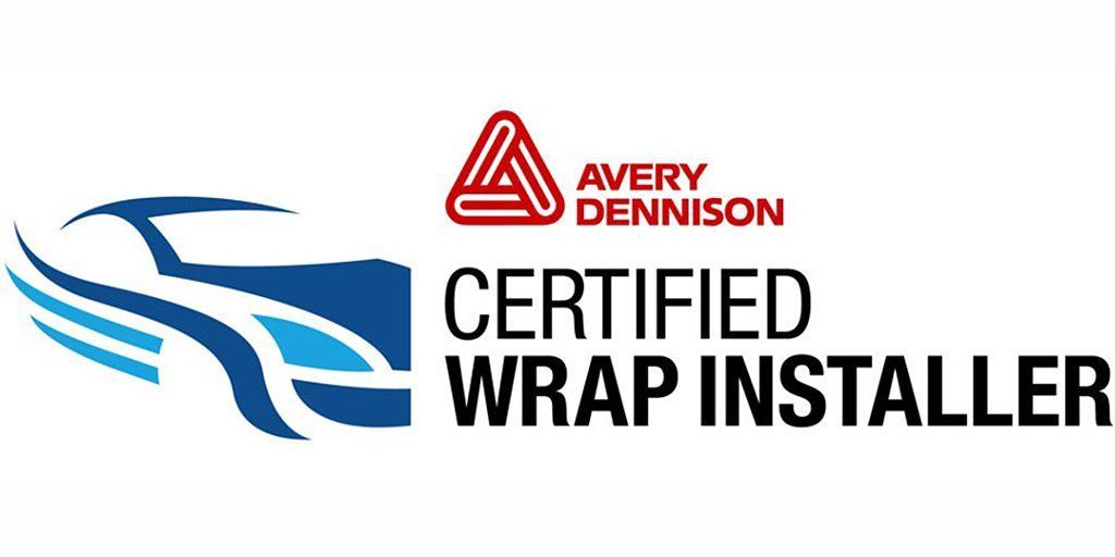 Avery Dennison Certified Wrap Installer logo with blue wrap graphic and red triangular icon