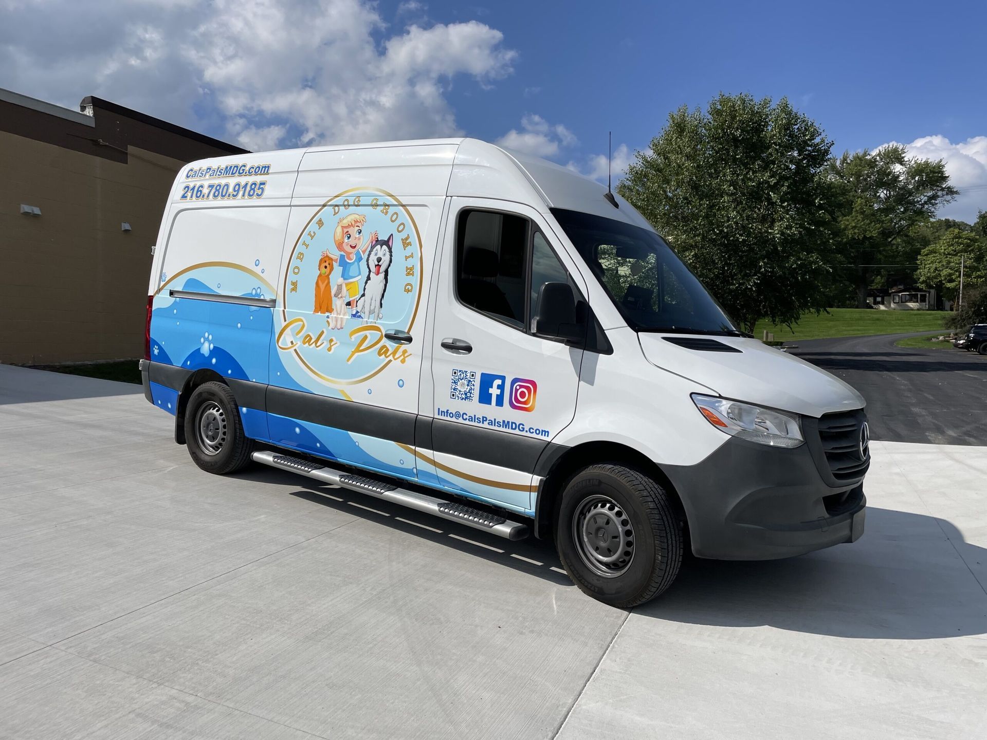 White delivery van with blue ocean-themed graphics parked outdoors beside a building