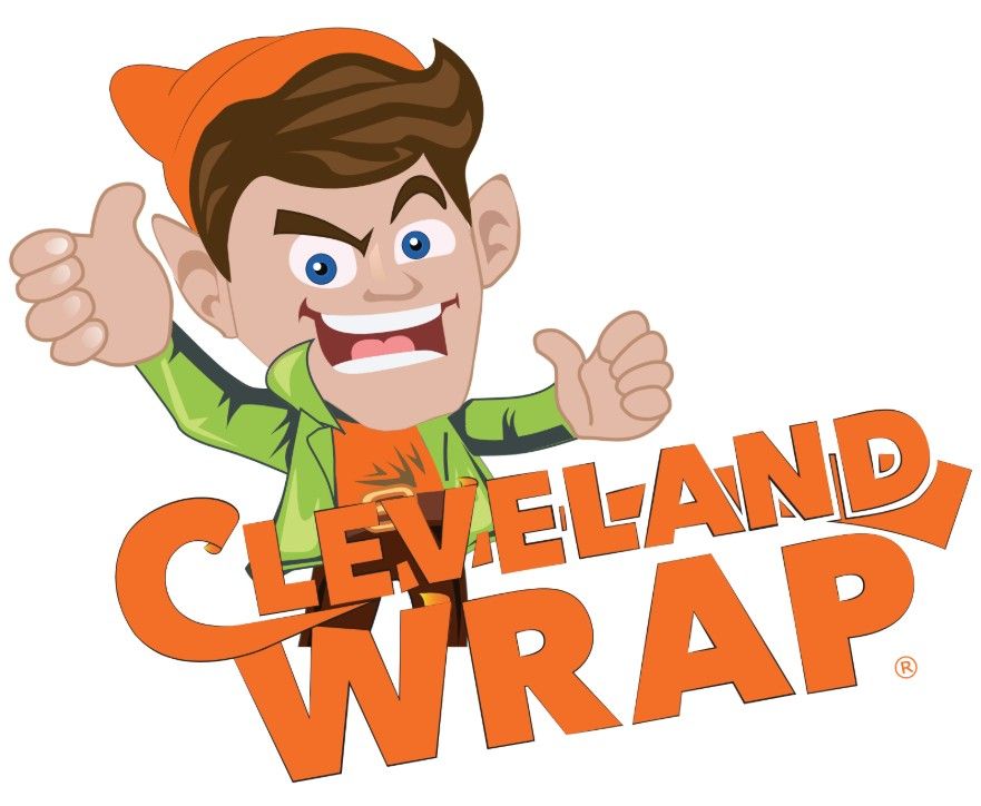 Cleveland Wrap logo with a smiling cartoon worker giving thumbs up in orange and green