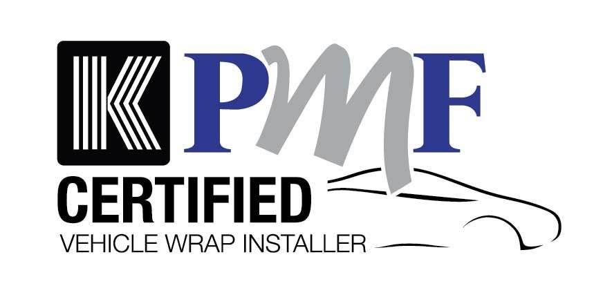 KVM Certified Vehicle Wrap Installer logo with black, blue, and gray stylized car outline