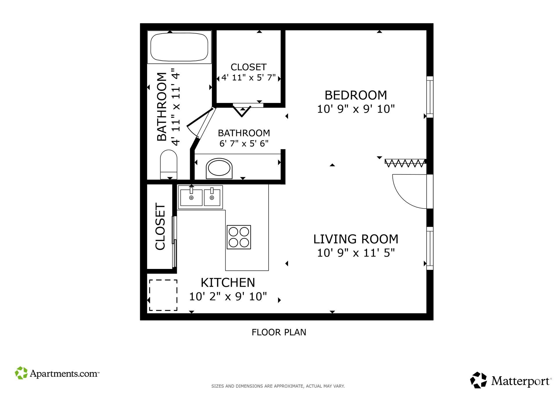 Floor plan of a one-bedroom apartment with a kitchen, living room, bathroom, and closet.