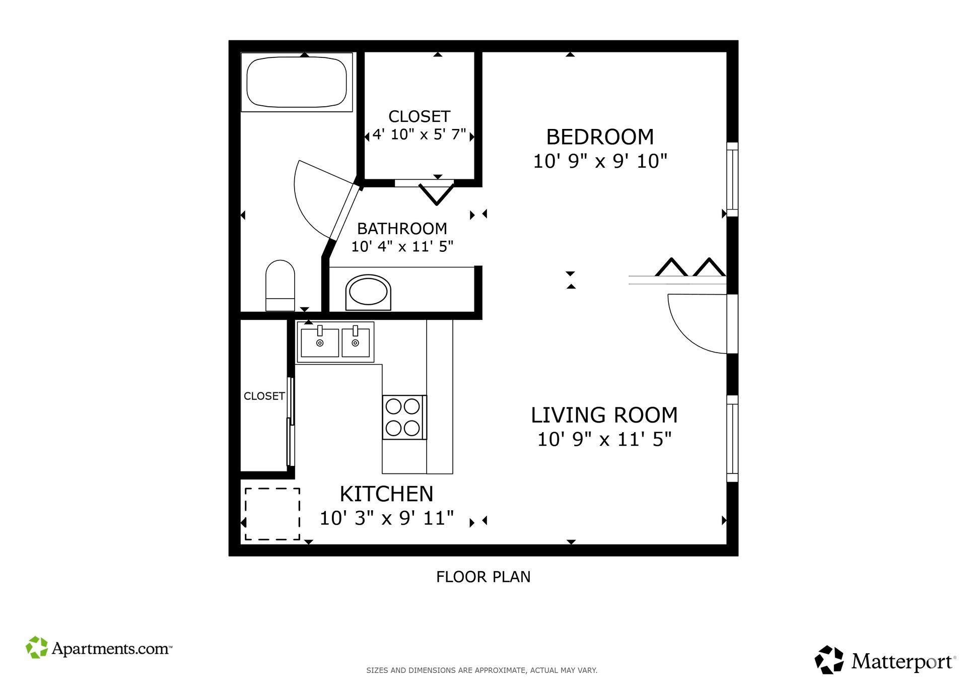 Floor plan of a small apartment: kitchen, living room, bedroom, bathroom, and closet.