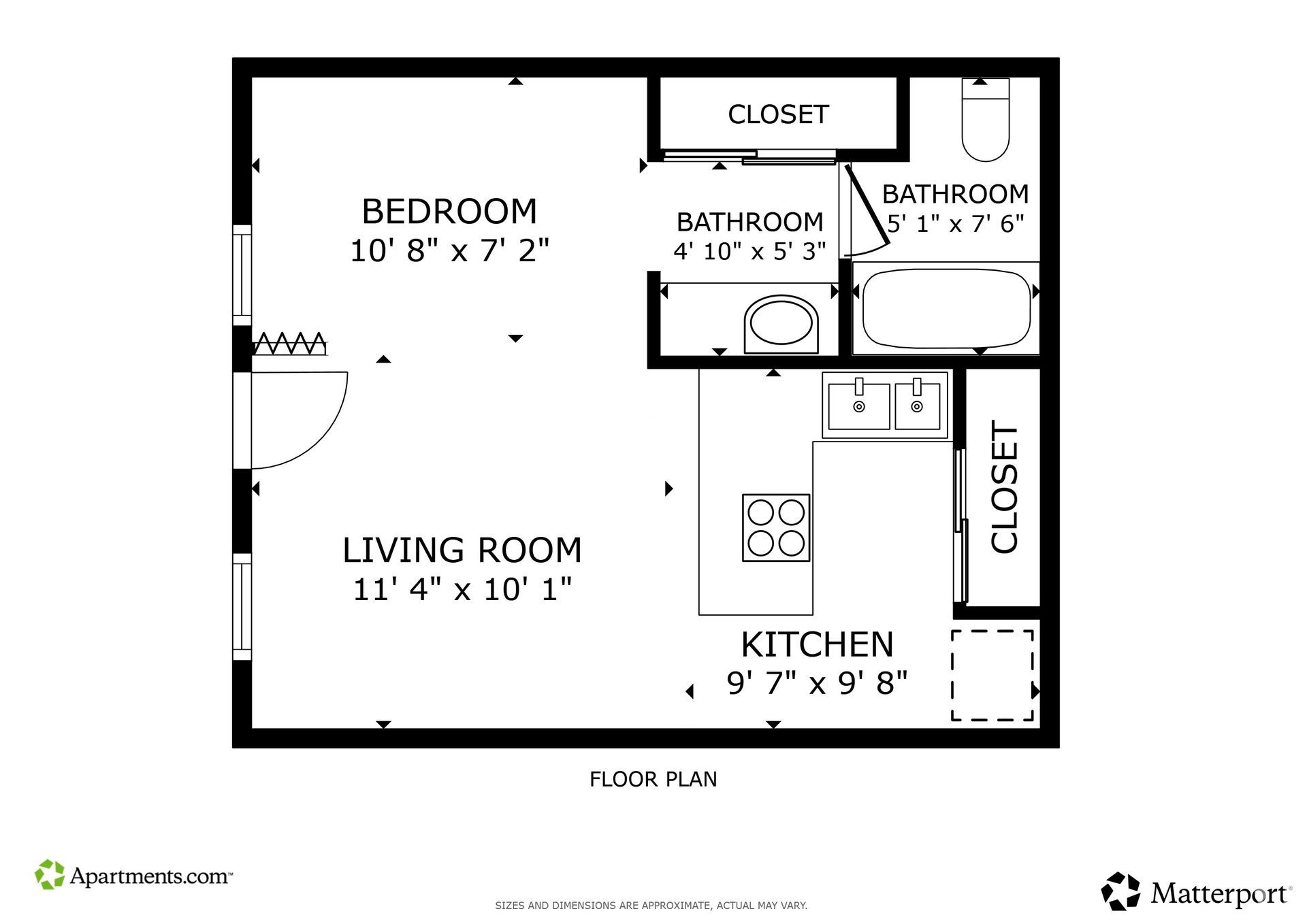 Floor plan of a small apartment with a bedroom, living room, kitchen, and two bathrooms. Closets are also included.