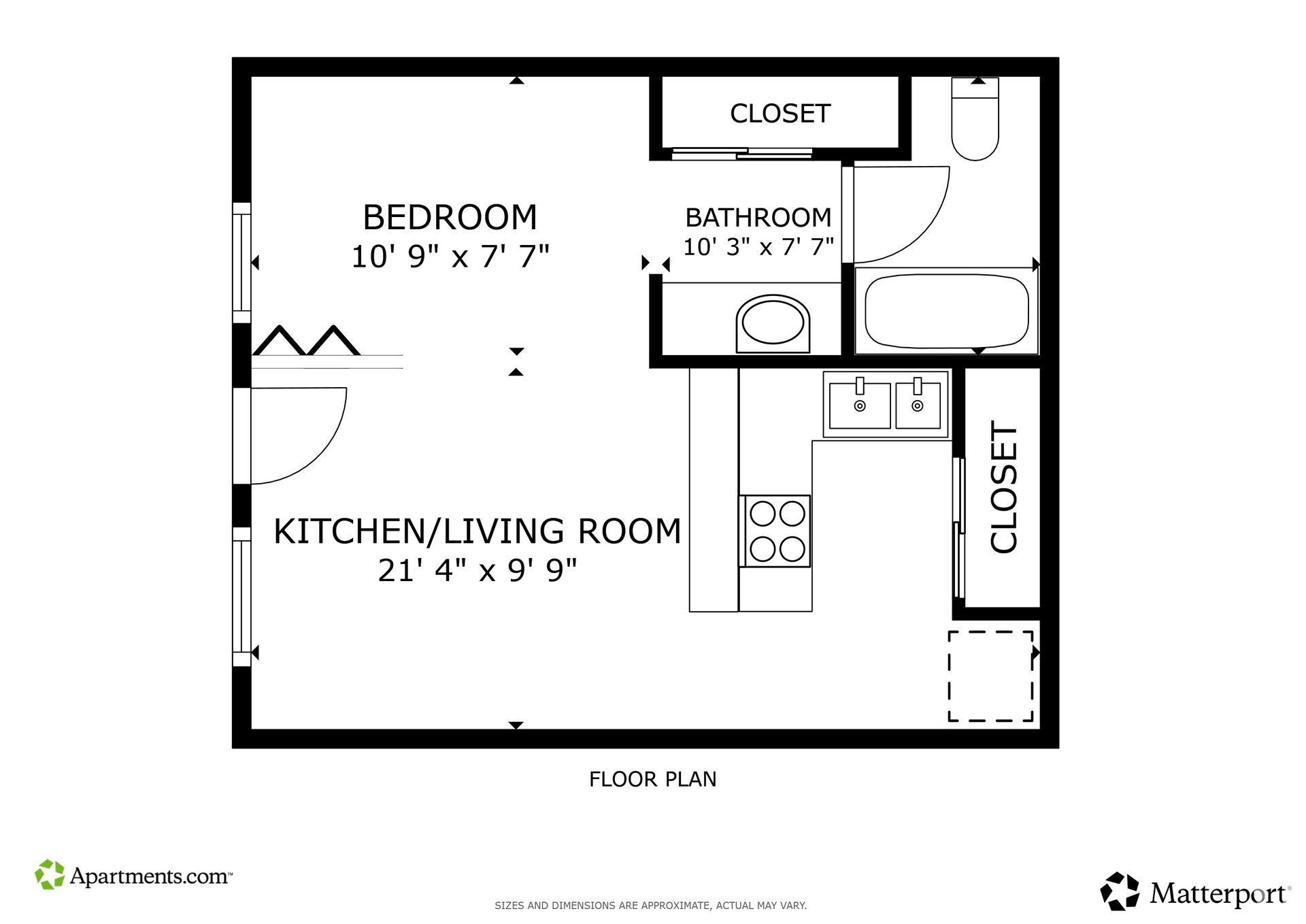 Floor plan of a small apartment: bedroom, bathroom, kitchen/living room, and two closets.