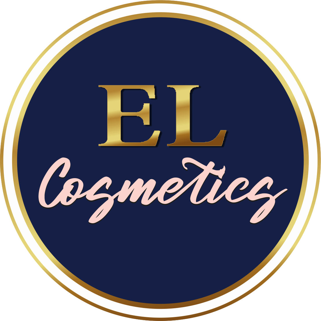 Logo for EL Cosmetics. Navy blue circle with gold trim, gold 