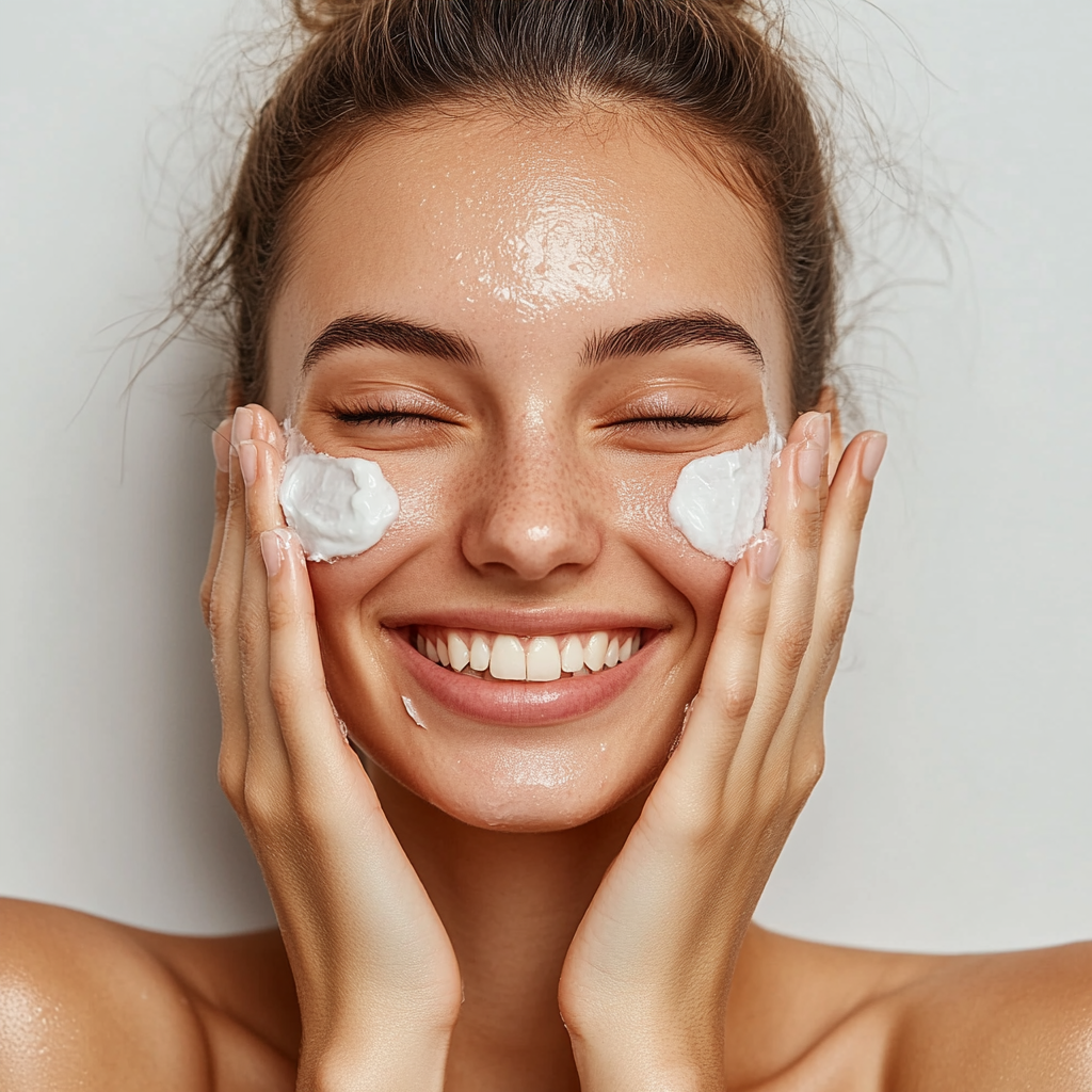 Woman with closed eyes, smiling, applying white cream to her face.