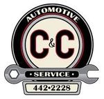 Automotive repair logo with "C & C" in dark red, wrench, phone number.