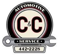 Automotive repair logo with "C & C" in dark red, wrench, phone number.