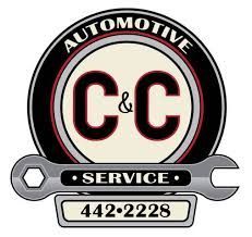 Automotive repair logo with "C & C" in dark red, wrench, phone number.